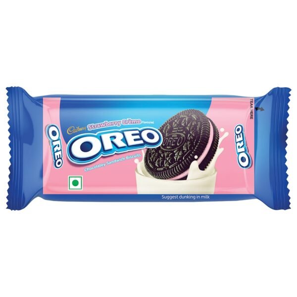 CADBURY OREO STRAWBERRY CREME FLAVOURED CHOCOLATEY SANDWICH BISCUITS